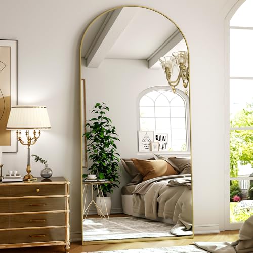 ZenoMirris Ganzkörperspiegel 180×67 cm, Bogenförmiger Standspiegel mit Aluminiumrahmen – Bodenspiegel und Wandspiegel zum Stehen, Anlehnen oder Hängen, für Schlafzimmer & Wohnzimmer, Gold