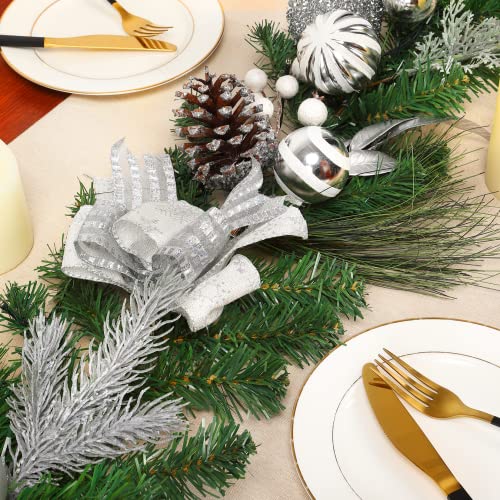 GarveeHome 6 Ft Pre-Lit Christmas Garland with Lights, Battery Operated Xmas Garland with 20 Lights Ball Ornaments Ribbons Bows for Mantle Table Centerpiece Indoor Outdoor Home Decor, Silver