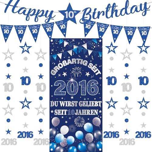 Deko 10. Geburtstag Mädchen Junge - 9 Pcs Blau Silber Großartig Seit 2016 Hintergründe Banners Triangle Flags Number 10 Circle Dot Twinkle Star Garland FüR Er Sie 10 Jahre Party Dekoration