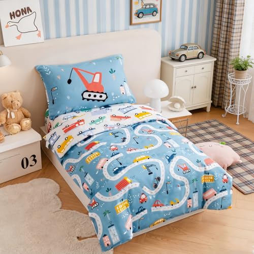 Image of PERFEMET 4-Piece Toddler Bedding Set Boys Cars Toddler Comforter with Sheets Reversible Lightweight Blue Vehicles Toddler Bed Set for Crib(Blue, Cars)