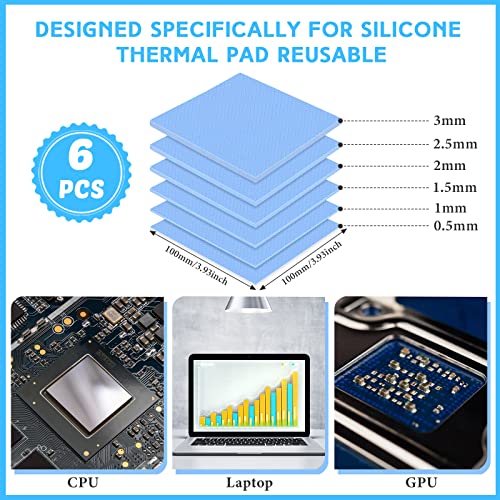 Frienda 6 Pcs Thermal Pad 100 X 100 Mm, 0.5 Mm, 1 Mm, 1.5 Mm, 2 Mm, 2.5 Mm, 3 Mm Heat Resistant Conductive Silicone Pad Thermal Pads Conductivity 6.0 W/M For Laptop Heatsink Cpu Gpu Ssd Ic Led Cooler #TOP1