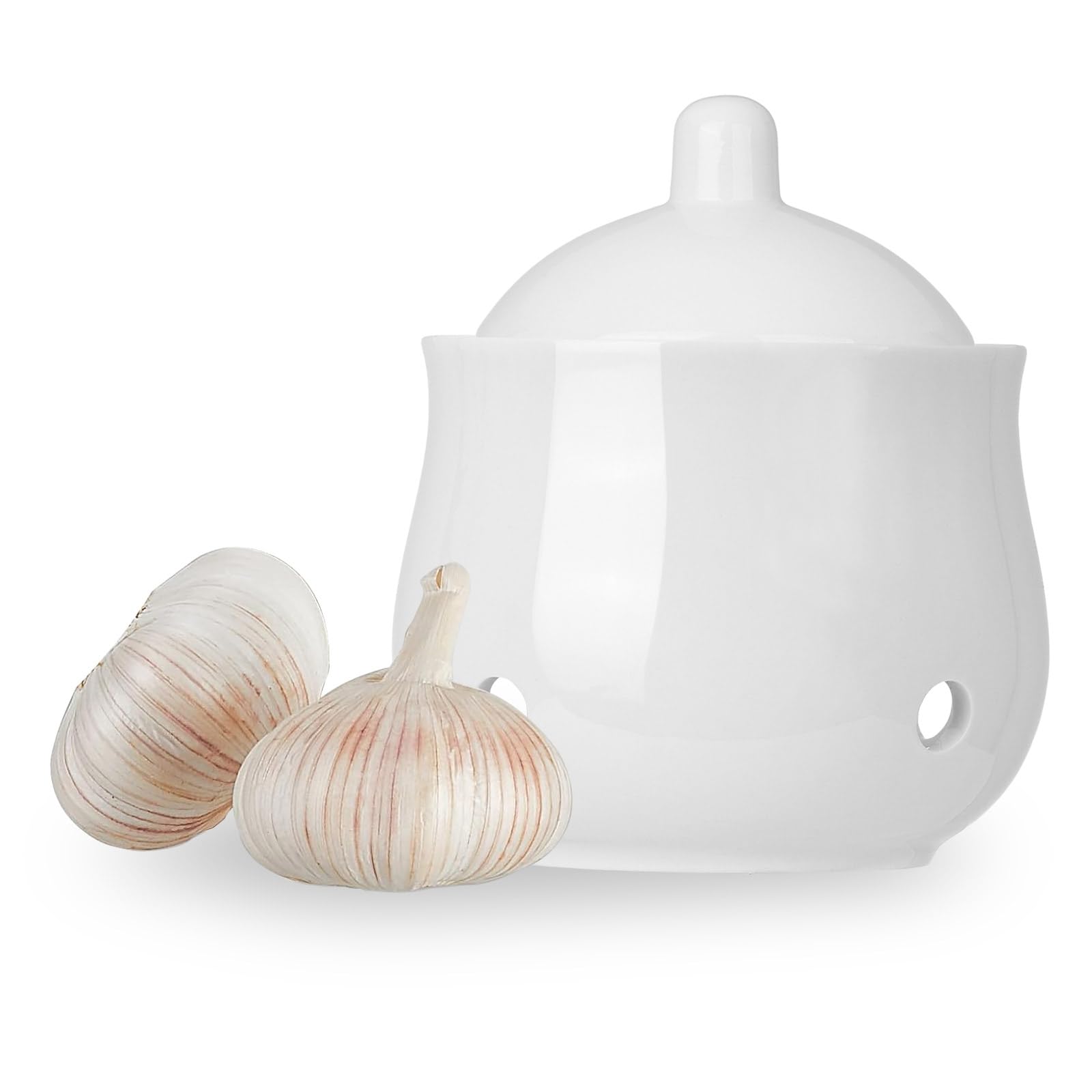 CHILDIKE Garlic Keeper with Lid, Mini Porcelain White Garlic Storage Container Saver for Countertop