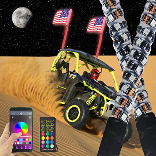 omotor 2PC 4FT(1.2M) Bluetooth and Remote Control 360° Spiral LED Whip Lights w/Flag [21 Modes] [20 Colors] [Weatherproof] Lighted Antenna Whips - Accessories for ATV Polaris RZR 4 Wheeler