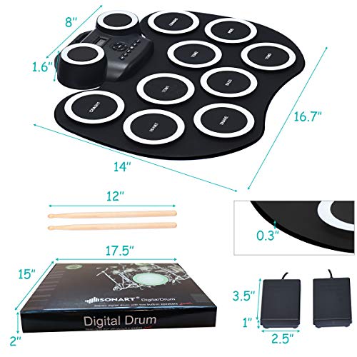 Costzon 9 Pads Electronic Drum Set With Led Light, Portable Roll Up Midi Drum Practice Pad W/Bluetooth, 7 Tones & Rhythms, 10 Demos, Foot Pedals, 2 Built-In Speakers, For Beginners Kids (Black) #TOP7