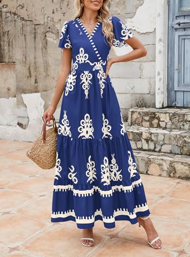 PRETTYGARDEN Womens 2026 Summer Casual V Neck Boho Maxi Dress Flowy Aline Bell Sleeve Tiered Floral Dresses with Pocket (Floral Navy White,Small) — view 5