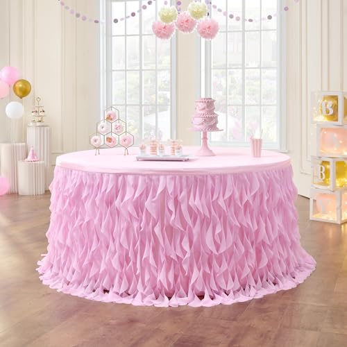 Leegleri 9ft Pink Tutu Table Skirt Tulle Curly Willow Table Skirt for Rectangle&Round Tables,Tutu Ruffle Tablecloth for Princess Girls 1st Baby Girl Birthday Party,Baby Shower Decoration,Gender Reveal
