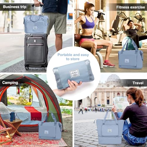 Image of Large Capacity Folding Travel Tote Bag, Oxford Fabric Waterproof Lightweight Foldable Travel Duffel Bag, Portable Expandable Travel Bag, Dry and Wet Separation Carry On Bag for Airplanes (Light Blue)