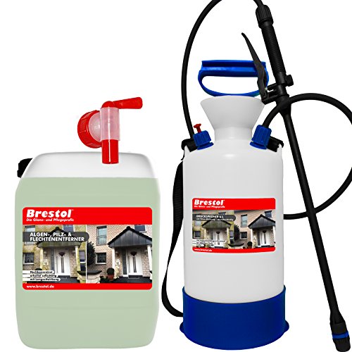 Preisvergleich Produktbild Brestol Algenentferner Pilzentferner Flechtenentferner 5 L Konzentrat Kanister + Auslaufhahn 51 mm + 6 Liter Drucksprüher säurebeständig - Grünbelag-Moos-Entferner Algizid Algenvernichter