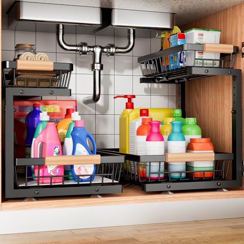 Image of Under Sink Organizer, 2 Pack 2 Tier Under Sink Organizers and Storage, Slide Out Pull Out Cabinet Organizer Shelf, Height Adjustable Metal Drawer for Kitchen Bathroom Closet Organization Rack Black