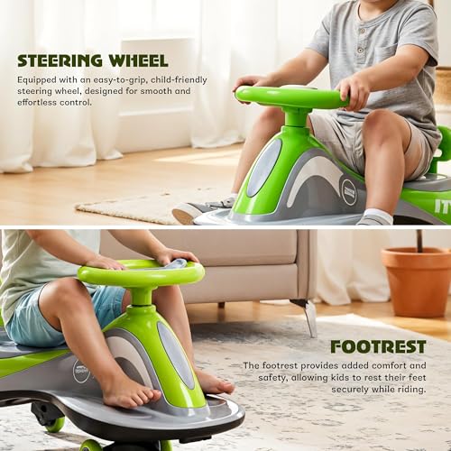 Image of Baybee Pluto Baby Swing Cars for Kids | Twister Ride on Baby Car with Led Lights, Music & Scratch Free PP Wheels | Push Ride on Toy Kid Car | Magic Cars for Kids 3 to 8 Years Boy Girl (Green)