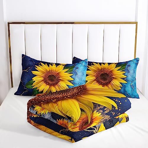 Image of AILONEN Sunflower Comforter Set Queen Size, Blue Watercolor Gold Print Yellow Sunflower Bedding Set for Boys Girls,Botanical Floral Duvet Set Soft Breathable 3 Pieces, 1 Quilt and 2 Pillowcases