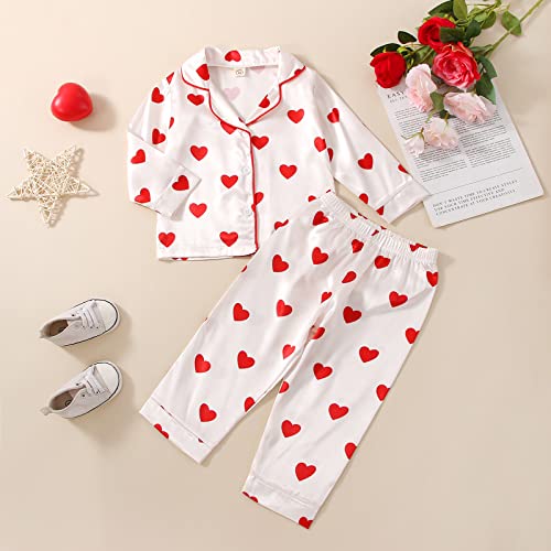 FIOMVA Kids Toddler Girl Valentine's Day Pajamas Set Bow Heart Button Down Shirt Top Pants 2Pcs Sleepwear Pjs for Girls2