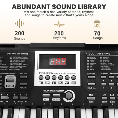 Image of 33 inch 61-Key Electronic Keyboard Piano for Beginners, 200 Tones | Digital Music Keyboard, 200 Voices, Built-In Speaker, Headphone Jack, Recording, Metronome, Stand and Mic Included