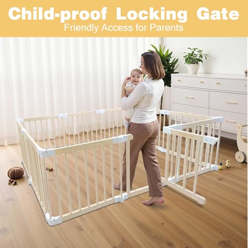 Image of Foldable Wooden Playpen for Babies and Toddlers, Baby Play Pen with Gate, Portable Baby Fence Indoor Activity Center, Adjustable Size & Shape, 10 Panels