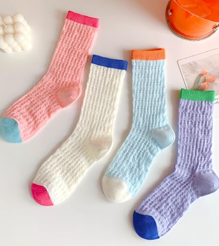 Image of Women's Dopamine Color-Block Crew Socks, Mesh Mid-Calf & Scrunch Thin Sock for Shoe Size 5-8