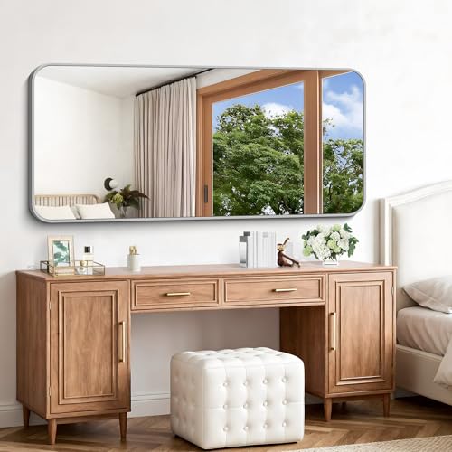 Image of Silver Bathroom Mirror, 72 x 30 Inch Large Rectangle Mirror, Rectangular Vanity Mirror Aluminum Metal Frame, Rounded Corner Wall Mirror for Living Room Bedroom Entryway Horizontal /Vertical