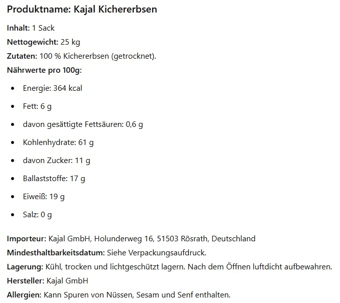 Kichererbsen getrocknet Sack mit Kajal 1x 25kg Hülsenfrüchte für Hummus, Falafel, Curry - Vegan & Vegetarisch Nussiger Geschmack Naturbelassen