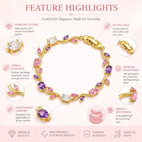 Image of Tulip Bracelet for Women & Girls, Gold Plated Pink Crystal Floral Bracelet, Adjustable Chain Stylish Jewellery, Elegant Gift for Her, Trendy Fashion Accessory