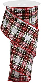 Printed Plaid Look on Satin Wired Edge Ribbon, 10 Yards - Black, Green, Red, Yellow, White, 2.5 Inch