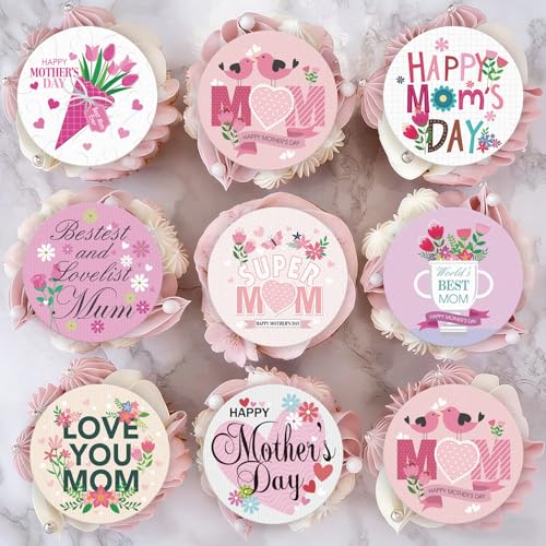 Fyeoxle 36pcs Edible Happy Mother's Day Cupcake Toppers Pink Wafer Paper Love Mom Thank You Mom Cupcake Picks Edible Flower Mother’s Day Cake Toppers for Best Mom Mother's Day Theme Party Supplies