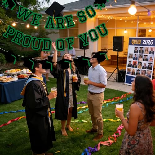 Image of We Are So Proud Of You Banner Graduation Party Decorations Congrats Grad Cap Garlands Wall Sign Green Black