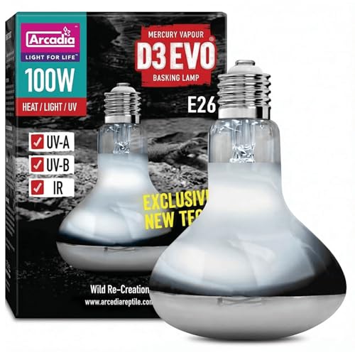 Arcadia D3 EVO UVB Basking Lamp 100W Mercury Vapor Reptile Heat Lamp Bulbs for Bearded Dragons Tortoises Snakes and Turtle Tanks UVA UVB Infrared Long Lasting Easy to Use Heat Bulb for Reptiles