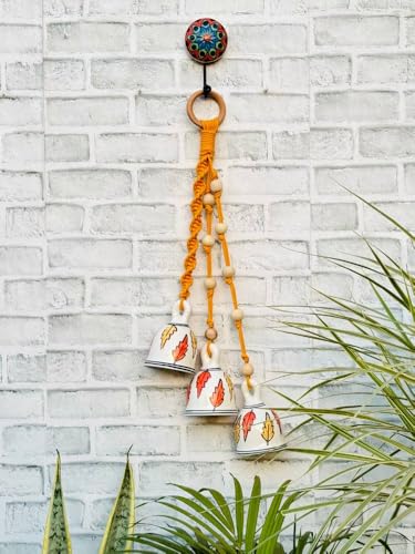 Image of Crafty Co. Decorative Wall & Door Hanging Toran with Bells for Home Entrances (Orange)- Bunch of 3 Big Bells | Macrame Wall Hanging Toran for Diwali, New Year, Festive Decoration, Balcony & Door Decor
