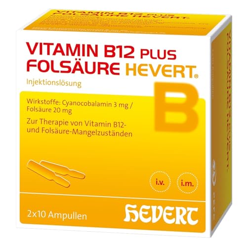 Vitamin B12 plus Folsäure Hevert zur Therapie und Prophylaxe von Folsäure- und Vitamin B12-Mangel, 20 St. Ampullen
