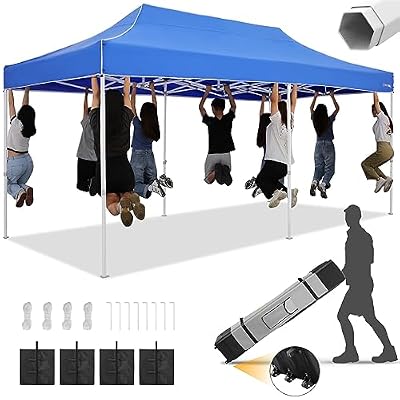 HOTEEL 10x20 Heavy Duty Pop Up Canopy Tent Outdoor Canopy Tent for Parties, Commercial Instant Waterproof Canopy Wedding Event Tent with Roller Bag, UV 50+Portable Shelter, Thick Hexagonal Legs, Blue