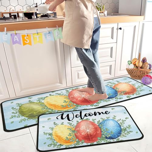 Easter Eggs Decorative Kitchen Rugs Set of 2 Watercolor Eggs Welcome Easter Kitchen Mat Non-Slip Floor Mat Holiday Home Kitchen Decorations 17x47+17x30