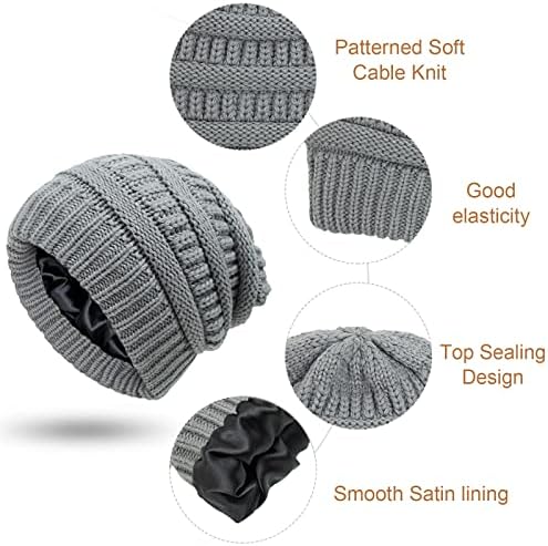 CheChury Beanie Hat for Ladies Winter Hats Satin Silk Lined Cap Knitted Ski Skull Cap Unisex Slouchy Hats Reduce Static Electricity