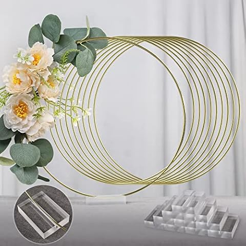 YALLOVE 10 PCS Set of 30cm Tall Gold Round Wedding Centerpiece Vase Floral Hoop Stand With acrylic base for DIY Lace Circle Crafts, Wedding Table Decorations Cover
