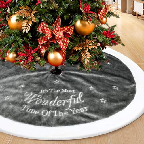 Grey Christmas Faux Fur Tree Skirt 90 cm with Round Trim Xmas Tree Skirt Base Cover Christmas Decoration