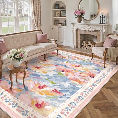 6x9 Washable Area Rug Pink Blue Living Room Bedroom Floral Throw Rug Abstract Modern Non Slip Soft Low Pile Carpet for Dining Room Office Nursery Indo