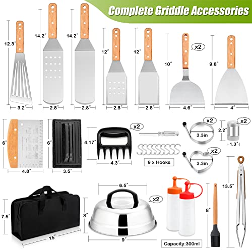 Joyfair 35Pcs Griddle Accessories Kit, Stainless Steel Flattop Grill Accessory Tool Set with Melting Domes, Professional Metal Turners for Outdoor BBQ Teppanyaki Camping Cooking (Wooden Handles)