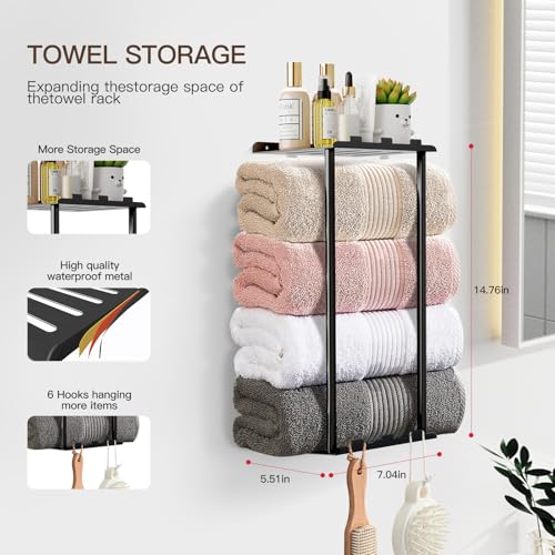 image for KISENG Towel Racks for Bathroom Towel Holder with Shelf & 6 Hooks Wall