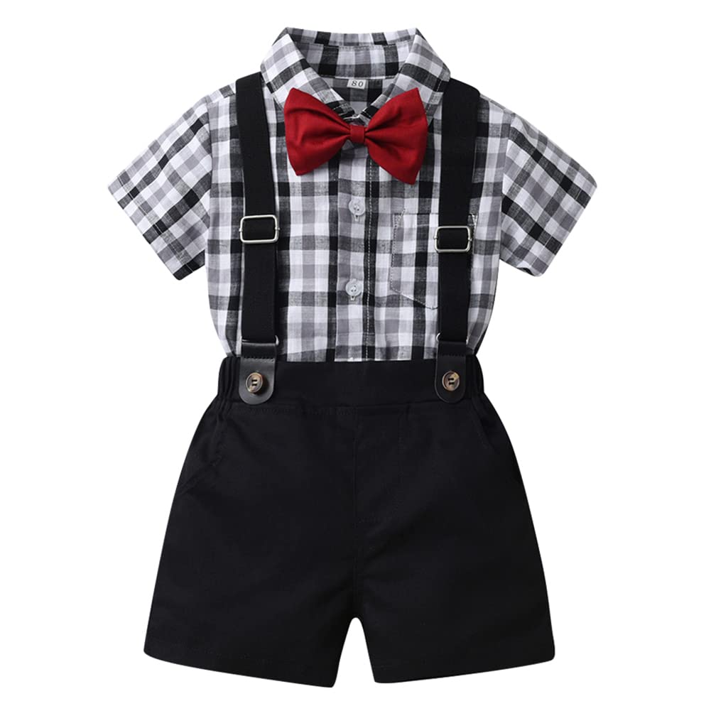 IBTOM CASTLE Baby Boy Gentleman Outfit: Toddler Bowtie Shirt Overalls Suspenders Shorts For Kids Birthday Baptism Christening Formal Suit Wedding Party Child Clothes Sets Black-Plaid 6-12 Months
