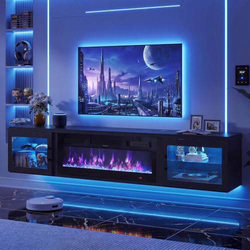 Image of 80 inch Floating TV Stand with Fireplace, High Gloss Finish Wall Mounted Fireplace Entertainment Center with Storage for TVs Up to 90 inch, Black