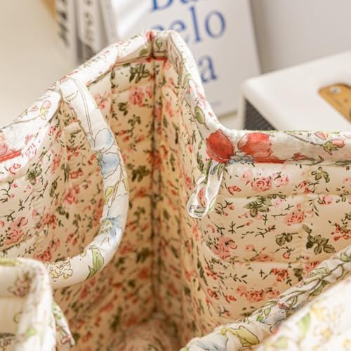 Quilted Laundry Basket with Handles, Boho Floral Car Storage Basket, Foldable Quilted Storage Basket for Home Car Picnic Travel 13"x11"x10" (02) - 3