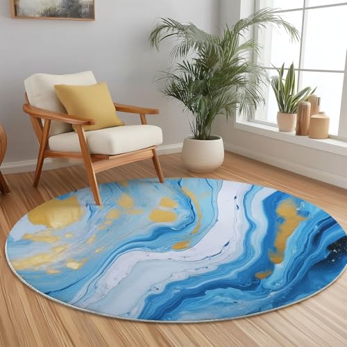 Tapis rond lavable en machine 150 cm tapis imprimé bleu et or - 3
