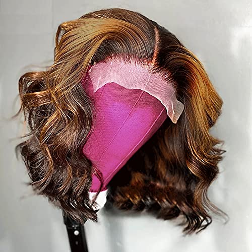 Haha Highlight Short Wavy Bob Wig Human Hair 4/27 Ombre Honey Blonde Highlight Lace Front Bob Wig Body Wave Colored Bob Wigs 4x1 T Part HD Lace Bob Wig 10 Inch 130% Density