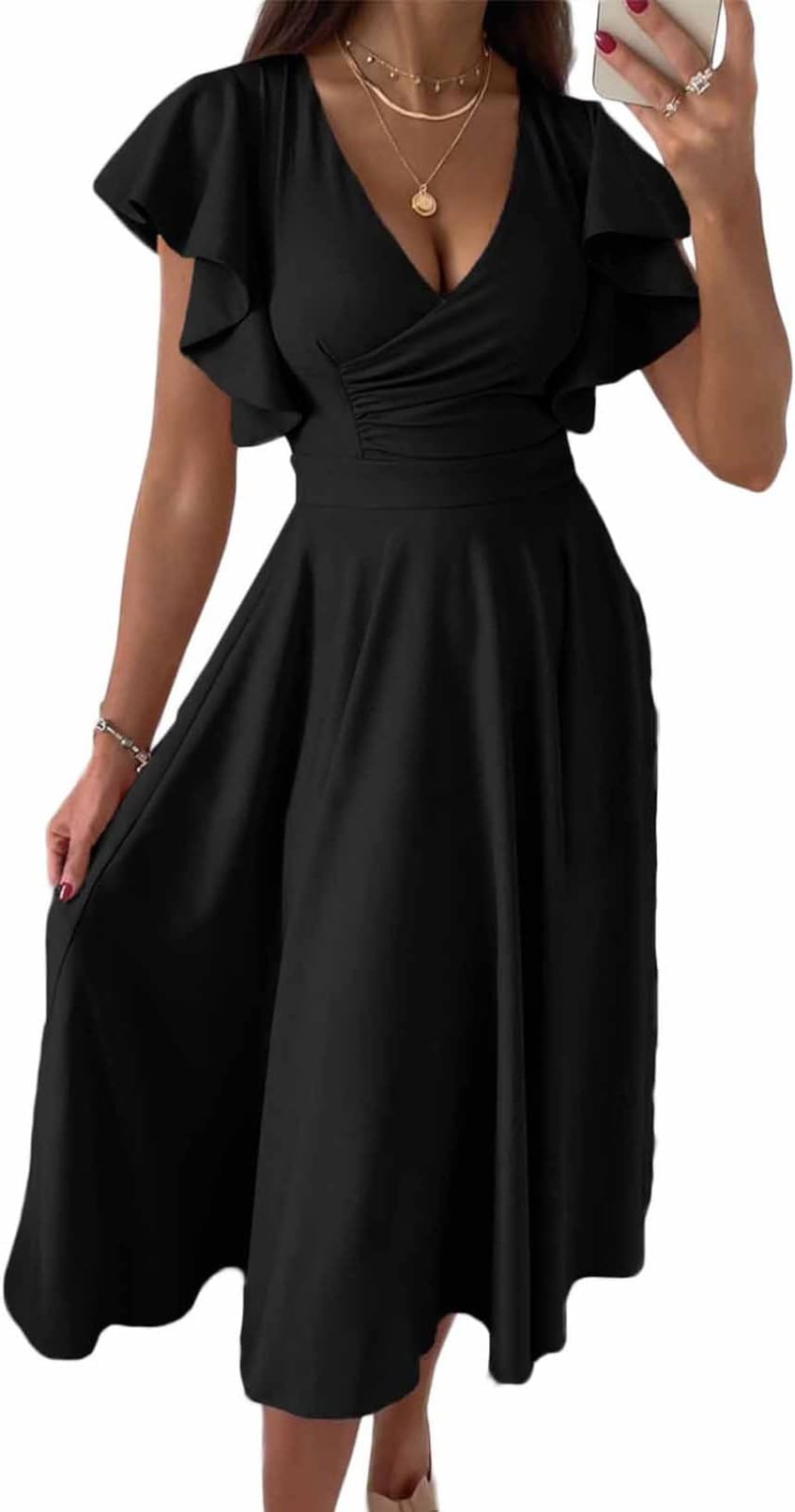 Women's V Neck Elegant Party Dress Short Sleeve Skater Dress Wedding Guest Dresses