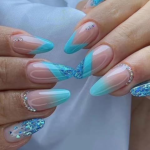 24pcs Glitter Blue French Tip False Nails Cover