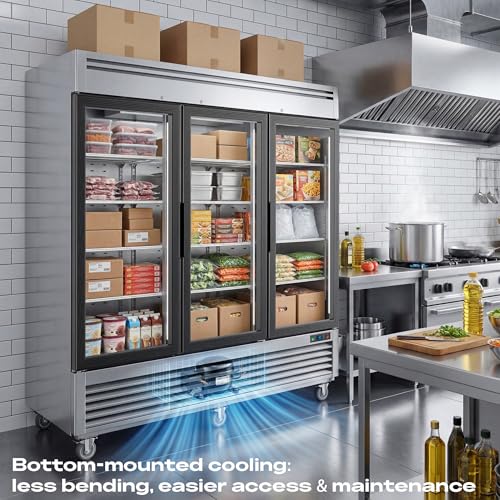 Image of Coolake 82 inch Commercial Freezer 3 Glass Doors, 72 Cu.ft Stainless Steel Reach-in Merchandiser Display Freezer with LED Light, -8 to 0℉ Fan Cooling Upright Freezer for Restaurant Kitchen Garage Store