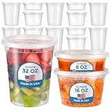 Food Storage Containers with Lids, Round Plastic Deli Cups, US Made, 8, 16, 32 oz, Cup Pint Quart Size, Leak Proof, Airtight, Microwave & Dishwasher Safe, Stackable, Reusable, White [36 Pack]