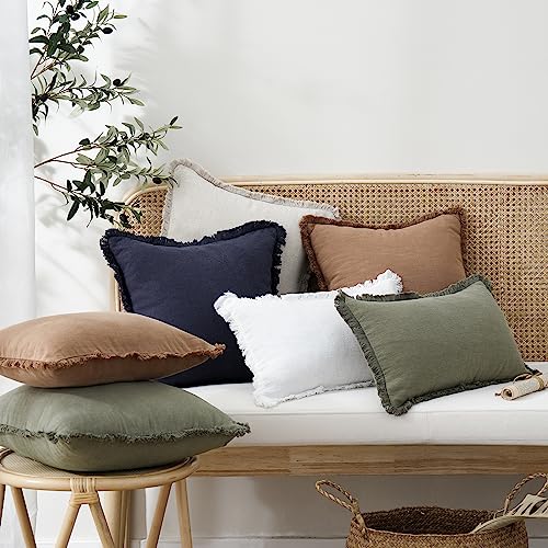 Image of Foindtower Set of 2 Decorative Linen Fringe Lumbar Throw Pillow Covers Boho Farmhouse Cushion Cover with Tassels Soft Accent Pillowcase for Couch Sofa Bed Living Room Home Decor,12x20 Inch,Olive Green