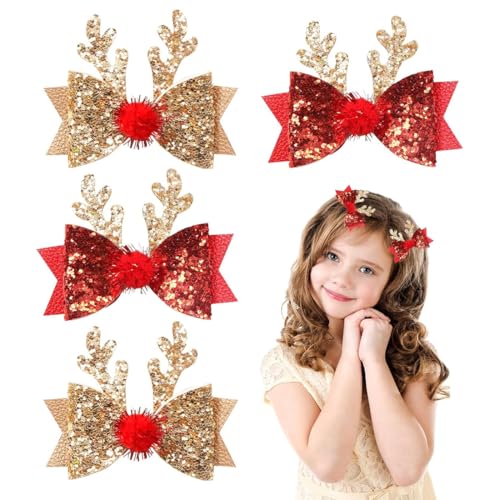 OIXYEY 4 Pezzi Fermagli Capelli Natale Eleganti, Natalizi Lucidi Fermagli con Fiocco Rosso e Dorato, Accessori Capelli Natale per Bambini e Adulti, Regalo di Natal per Festa, Compleanno e Cenone