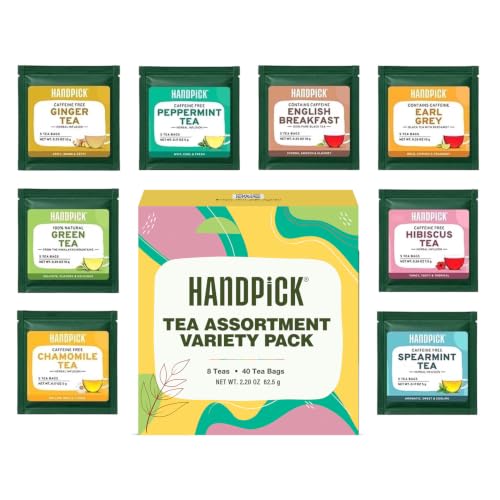 HANDPICK, Tea Bags Sampler Assortment Variety pack (8 Flavors, 40 Tea Bags) | Perfect Tea Gift Set | Selection of Tea Bags: English Breakfast, Green, Black, Ginger, Mint, Herbal & More |Gifts for Him/Her