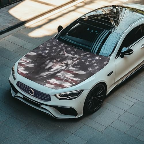 Image of Wolf American Flag Print Car Hood Cover Protector Stretchable Car Hood Wraps Auto Banner Auto Decorative Accessories for Compact Sedans SUV Trucks (59x39 Inch)