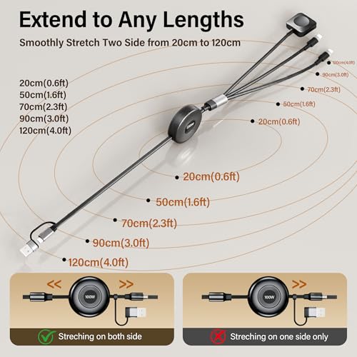 100W Retractable Multi Charging Cable for Apple Watch Charger,Dual USB C - image 7